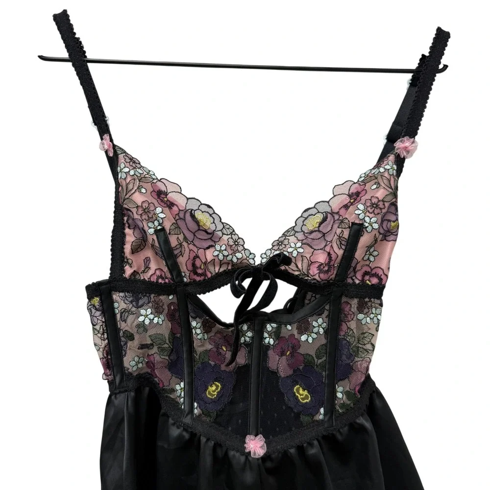 For Love & Lemons Clara‎ Romper Black Floral Lace Satin Teddy XS New $150